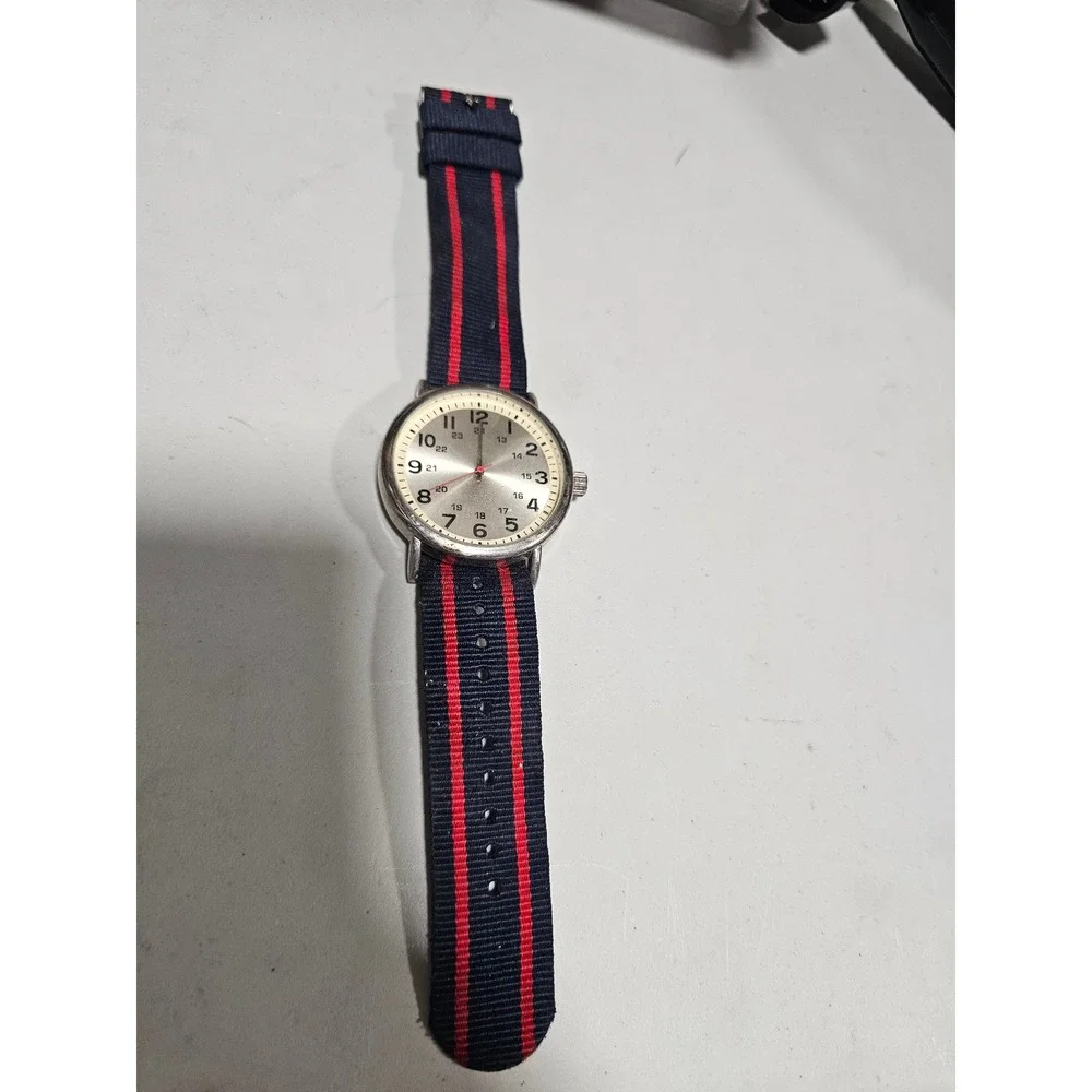 FMD Mens Military Style Watch Silver Dial Navy Red Striped Nylon Strap FMDMD108A